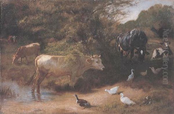 Kuhe Und Enten Am Zurichhorn Oil Painting by Johann Rudolf Koller