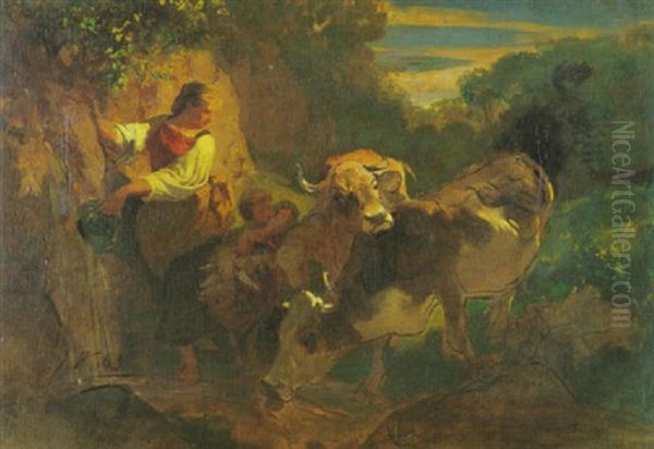 Bauerin Und Knabe Mit Kleiner Tierherde Oil Painting by Johann Rudolf Koller