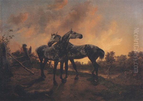 Zwei Apfelschimmel Bei Sonnenuntergang Oil Painting by Johann Rudolf Koller