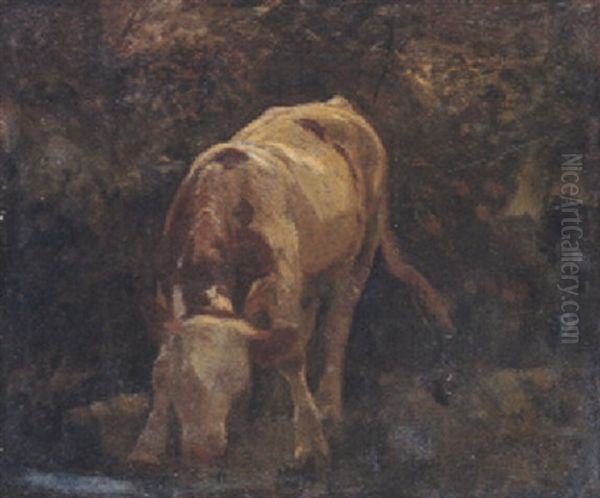 Trinkende Kuh An Einem Fluss Oil Painting by Johann Rudolf Koller