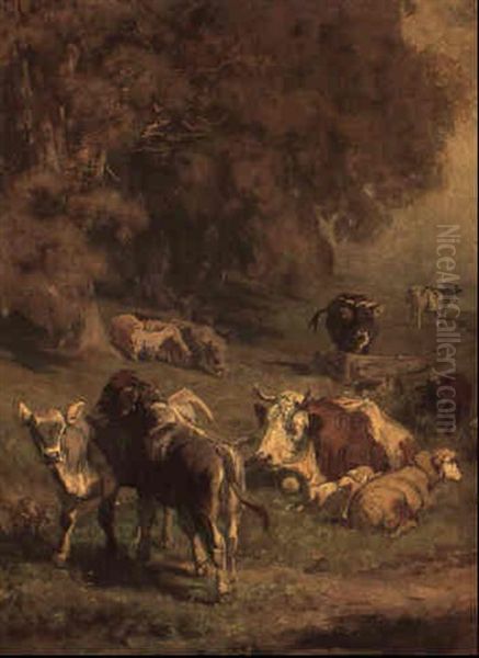 Kuhe Und Schafe Auf Der Weide Oil Painting by Johann Rudolf Koller