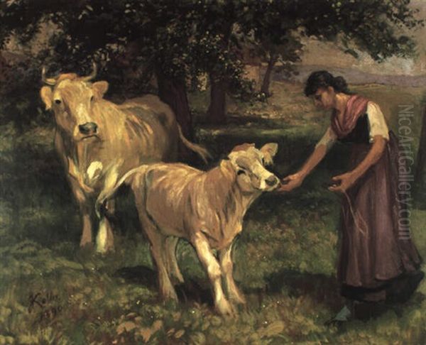 Bauerinmit Kalb Und Kuh Oil Painting by Johann Rudolf Koller