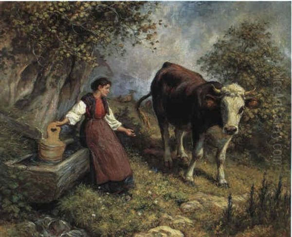 Haslitalerin Am Brunnen Mit Kuh Oil Painting by Johann Rudolf Koller