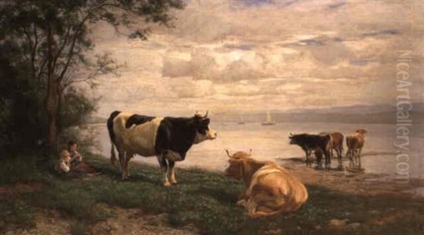 Kuhe Und Hirtenkinder Am Zurichsee Oil Painting by Johann Rudolf Koller