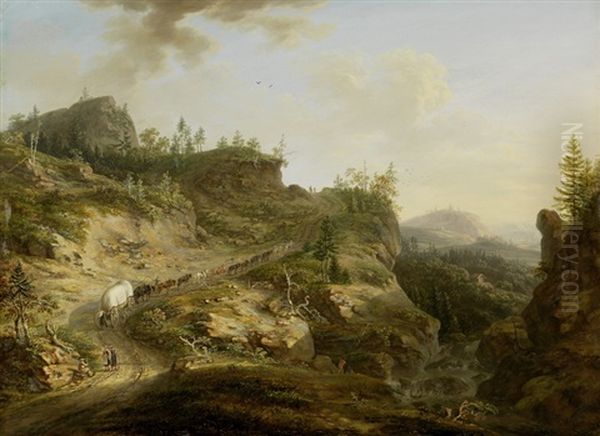 Landschaft Mit Pferden Und Planwagen Oil Painting by Johann Ulrich Koller