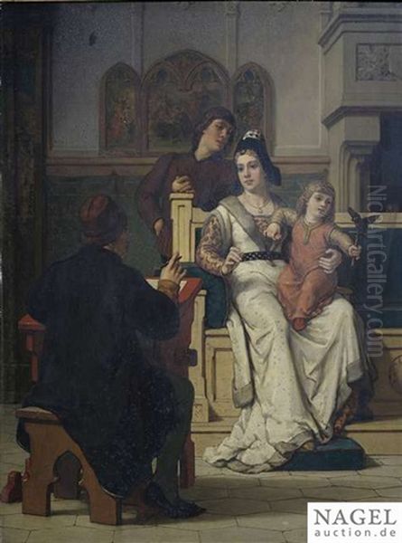 Elegant Couple With A Scribe In An Interior Oil Painting by Wilhelm (Guillaume) Koller