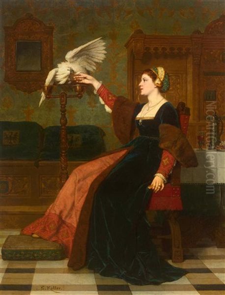 Interior With A Noblewoman And Her Bird Oil Painting by Wilhelm (Guillaume) Koller