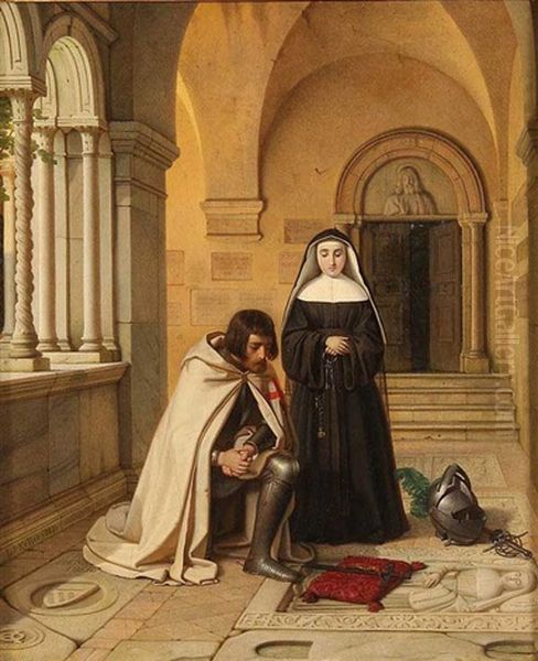 Crusader Praying At An Abby Grave Oil Painting by Wilhelm (Guillaume) Koller