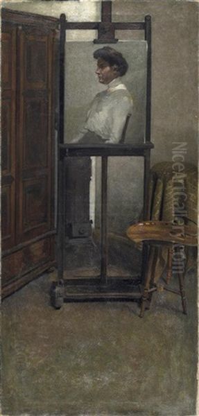 Atelierinterieur. Auf Der Staffelei Ein Ausgefuhrtes Damenportrat (etka Herzig, Schwester Koller-pinells?) by Broncia Koller-Pinell