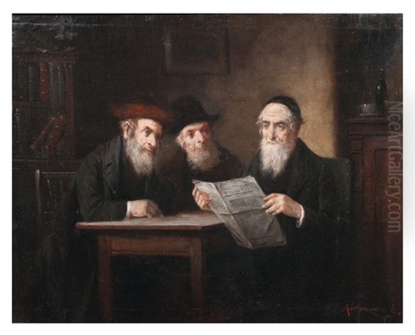 Trois Rabbins Lisant Le Journal Oil Painting by Lajos Koloszvary