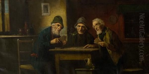 The Card Players - Damaged Oil Painting by Lajos Koloszvary