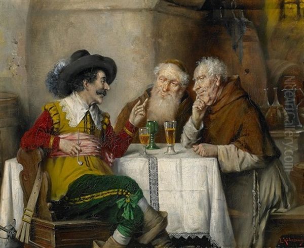 Zwei Monche Und Ein Musketier Im Weinkeller Oil Painting by Lajos Koloszvary