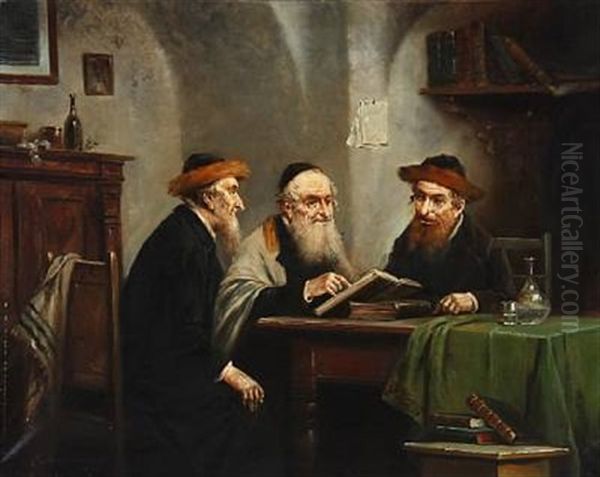 Three Jewish Scholars Oil Painting by Lajos Koloszvary