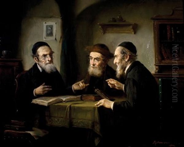 Three Scholars Oil Painting by Lajos Koloszvary