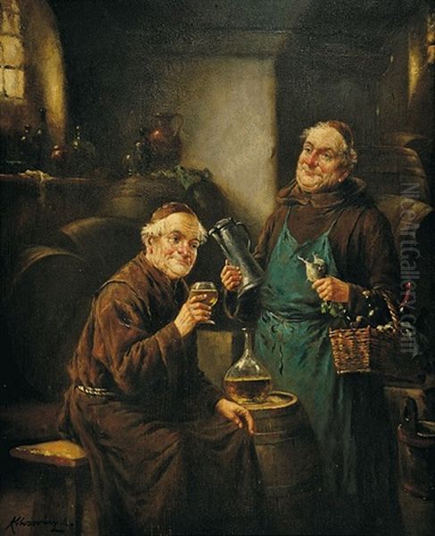 Mnisi Ve Vinnem Sklepe Oil Painting by Lajos Koloszvary