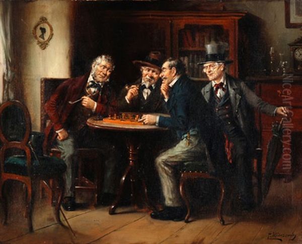 Herren Beim Schachspiel Oil Painting by Lajos Koloszvary