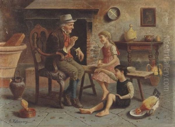 Nagypapa Mesel (grandfather Telling A Tale) Oil Painting by Lajos Koloszvary