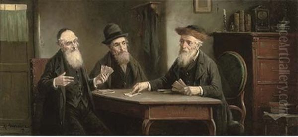 Rabbis Playing Cards Oil Painting by Lajos Koloszvary