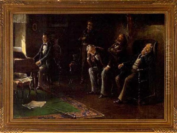 A Gentleman's Gathering Oil Painting by Lajos Koloszvary