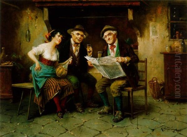 Uldogelok (trattoriaban) [sitting, In A Trattoria] Oil Painting by Lajos Koloszvary