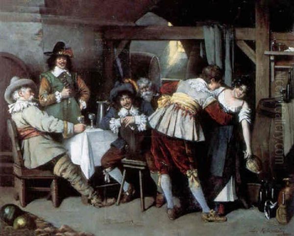 Cavaliers Merrymaking In A Tavern Interior Oil Painting by Lajos Koloszvary