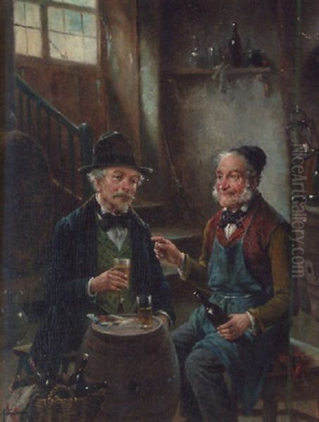 Two Men Drinking At An Inn Oil Painting by Lajos Koloszvary