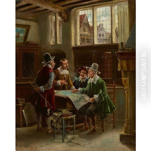 Vier Herren Beim Studium Der Landkarte Oil Painting by Lajos Kolozsvary