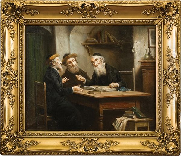 A Talmud Discussion Oil Painting by Lajos Kolozsvary