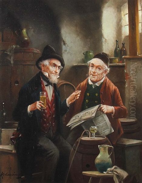 Zwei Altere Herren Im Weinkeller Oil Painting by Lajos Kolozsvary