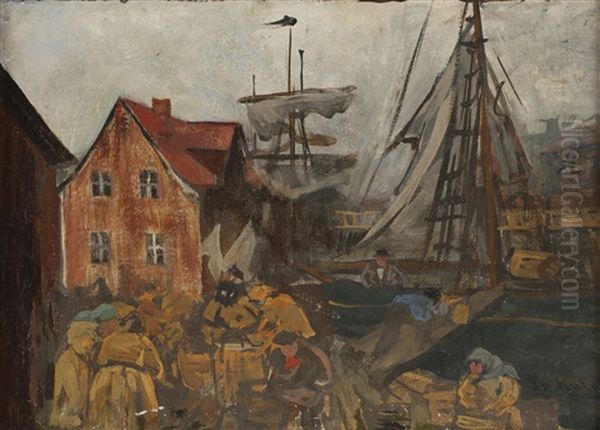 Fra Fiskebryggen I Bergen Oil Painting by Frederik Kolstoe