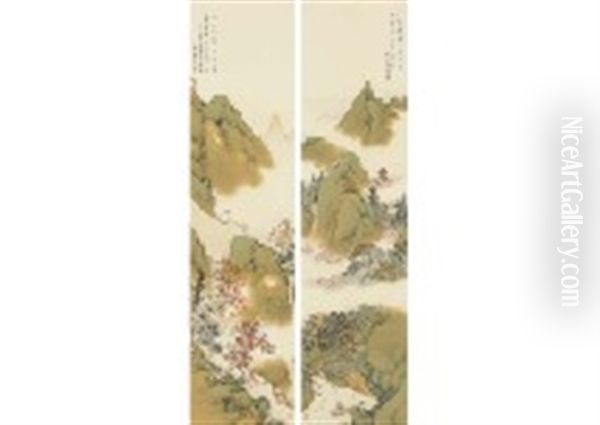 Wuling Taoyuan, Maple Wood Stop (2 Scrolls) Oil Painting by Suiun Komuro