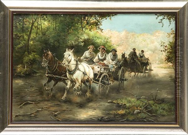 Zwei Pferdewagen Reiten In Einen Wald Hinein Oil Painting by Jan Konarski