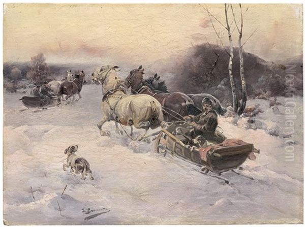 Winterlandschaft Mit Pferdeschlitten Im Abendlicht by Jan Konarski