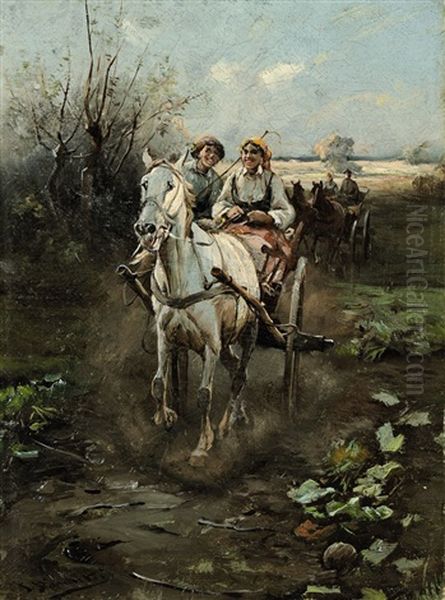 Fahrt Im Pferdewagen Oil Painting by Jan Konarski