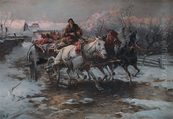 Trojka Na Sniegu Oil Painting by Jan Konarski