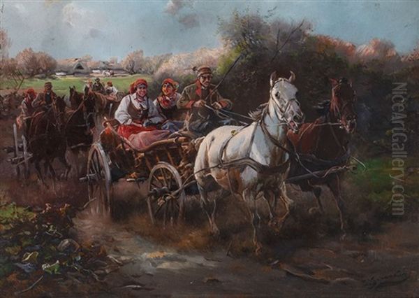 Zaprzegi Wyjezdzajace Ze Wsi Oil Painting by Jan Konarski