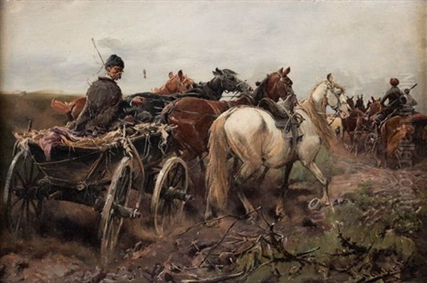 Pejzaz Z Chlopskim Wozem Oil Painting by Jan Konarski