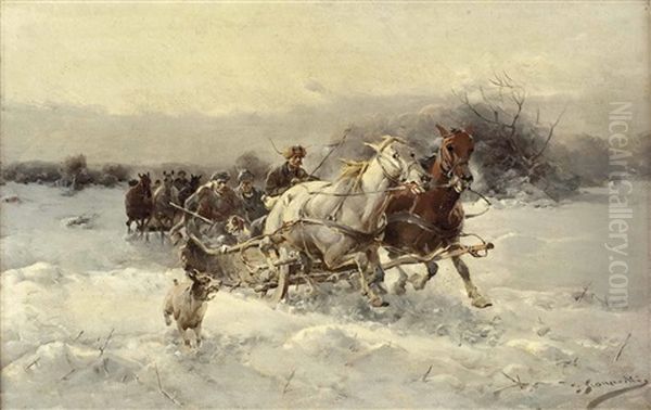 Zwei Pferdeschlittengespanne In Winterlicher Landschaft Oil Painting by Jan Konarski