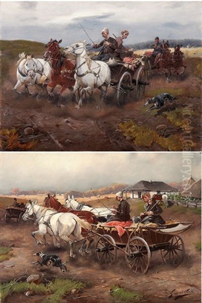 Gegenstucke: Aufbruch Zur Jagd (pair) Oil Painting by Jan Konarski