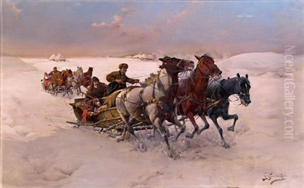 Winterliche Schlittenfahrt Oil Painting by Jan Konarski