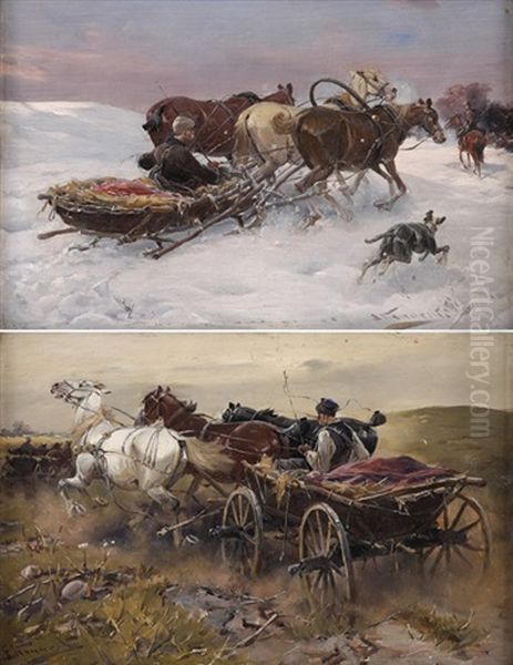 Rasante Fahrt (+ Jager Mit Pferdeschlitten; 2 Works) Oil Painting by Jan Konarski