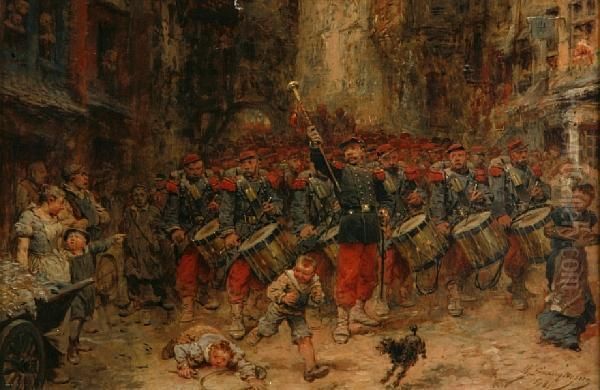 A Victory Parade On A Paris Street Oil Painting by Wilfred Constant Beauquesne