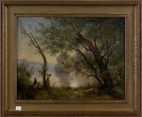 Canvaslandscape With Mother And Children Oil Painting by Charles Grant Beauregard