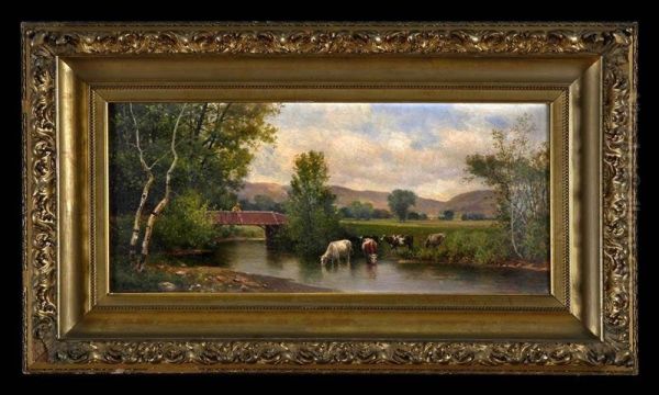 Mountain Landscape With Bridge And Cows Oil Painting by Charles Grant Beauregard