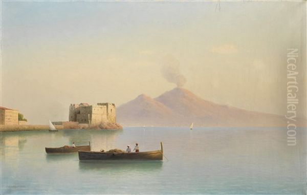 Old Harbour With A View Of Vesuvius by Gavril Pavlovich Kondratenko