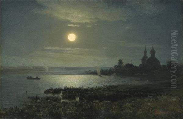 Moonrise Over The Lake Oil Painting by Gavril Pavlovich Kondratenko