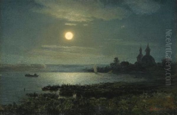 Moonrise Over The Lake Oil Painting by Gavril Pavlovich Kondratenko