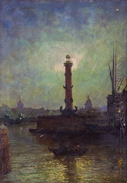 Nachtlicher Blick Auf Die Rostrasaule Der Wassiljewski-insel In St. Petersburg Oil Painting by Gavril Pavlovich Kondratenko