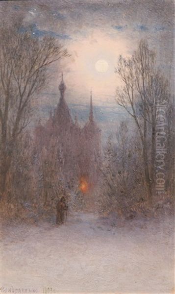 Moonlit Winter Evening With Solitary Figure Oil Painting by Gavril Pavlovich Kondratenko