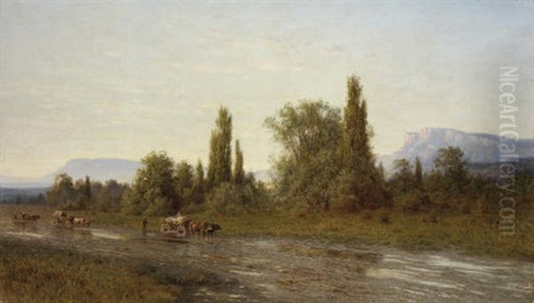 Driving The Wagons In A Crimean Landscape Oil Painting by Gavril Pavlovich Kondratenko